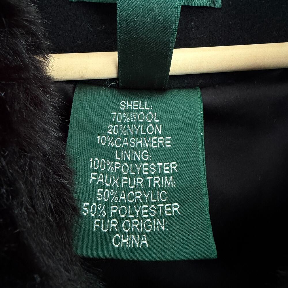 Ralph Lauren Coat Women 8 Black Wool Cashmere Blend Quiet Luxury Faux Fur Collar - Picture 9 of 9